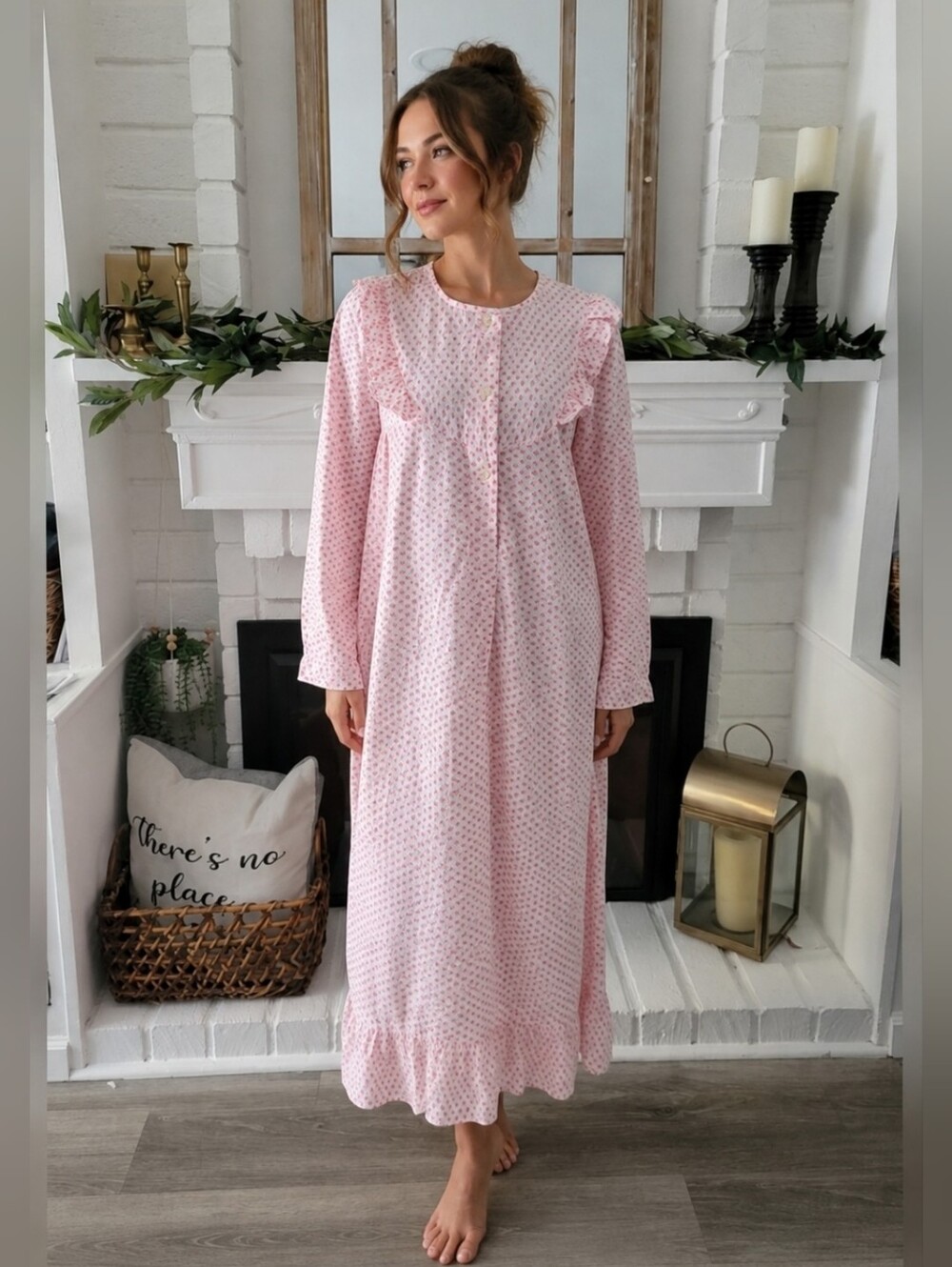 Vintage 70s Cottage Core Ditzy Floral Popover Prairie Long Sleeve Nightgown S